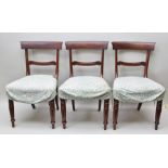 A SET OF SIX VICTORIAN MAHOGANY DOUBLE BAR BACK DINING CHAIRS, with overstuffed seat pads, on turned