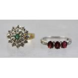 TWO LADY'S DRESS RINGS, set with diamonds and coloured stone, one 9ct yellow gold the other 9ct