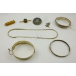 A COLLECTION OF JEWELLERY, to include three silver bangles, a braided silver necklace, a silver