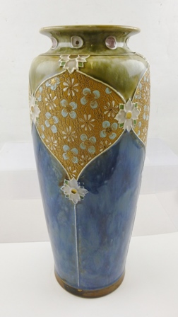 A ROYAL DOULTON STONEWARE VASE having blue mottled body with green mottled shoulders, tube lined and - Image 2 of 3