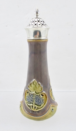 A ROYAL DOULTON STONEWARE SUGAR CASTER of tapering cylindrical form, with tube lined stylised floral