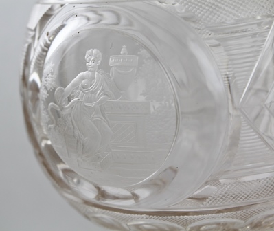 A 19TH CENTURY CUT GLASS STEMMED BOWL with cover, having three engraved roundels to the body, to - Image 3 of 3