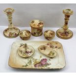 A ROYAL WORCESTER PORCELAIN DRESSING TABLE SET, comprising tray 26.5cm wide, a pair of candlesticks,