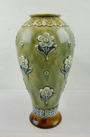 A DOULTON LAMBETH STONEWARE VASE of baluster form, mottled green ground with applied floral