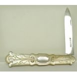 A VICTORIAN MOTHER OF PEARL HANDLED FOLDING FRUIT KNIFE having engraved cartouche "Ellie 1865" and