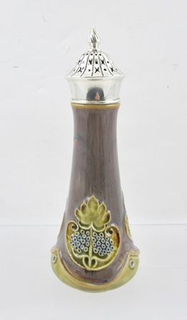 A ROYAL DOULTON STONEWARE SUGAR CASTER of tapering cylindrical form, with tube lined stylised floral - Image 2 of 4