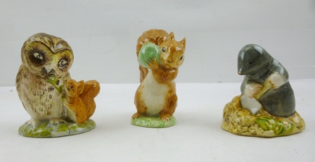 THREE ROYAL ALBERT "BEATRIX POTTER" WOODLAND FIGURES "Old Mr. Brown", "Squirrel Nutkin" and "Diggory