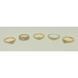 A SELECTION OF FIVE GOLD DIAMOND SET LADY'S RINGS, most marked 18ct