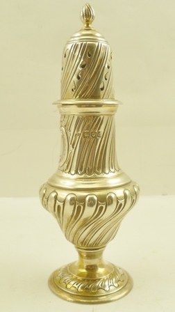 A LATE VICTORIAN SILVER SUGAR CASTER of Georgian design, wrythen embossed with blind cartouche, - Image 2 of 2