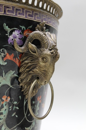 A PAIR OF 20TH CENTURY SUBSTANTIAL CERAMIC PLANTERS, with decorative brass mounts & goat mask ring - Image 4 of 5