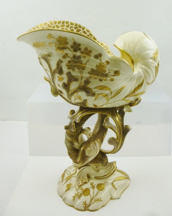 A "FISCHER OF BUDAPEST" ART POTTERY CENTRE PIECE, formed as a shell upon a stem of stylised fish and - Image 2 of 6