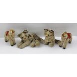 FOUR STEIFF ANIMALS comprising; two ponies in red harness 14cm high and two kittens - one seated