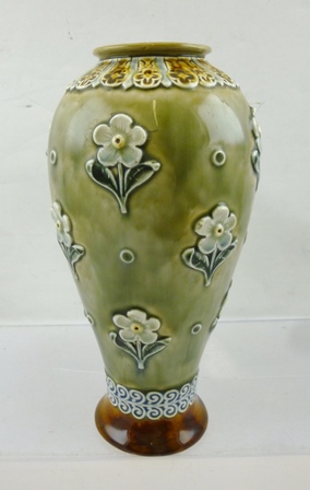 A DOULTON LAMBETH STONEWARE VASE of baluster form, mottled green ground with applied floral - Image 2 of 3