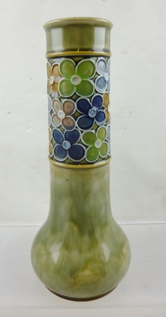 A ROYAL DOULTON STONEWARE VASE of cylindrical form with bulbous base, mottled green ground with tube - Image 2 of 3
