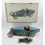 A PAVA TIN-PLATE REPRODUCTION CLOCKWORK MODEL OF A 1930 BUGATTI 35b RACING CAR ref. 970, 47cm, and a