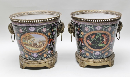 A PAIR OF 20TH CENTURY SUBSTANTIAL CERAMIC PLANTERS, with decorative brass mounts & goat mask ring