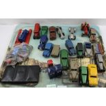 A COLLECTION OF DINKY DIE-CAST MODEL VEHICLES EARLY COMMERCIAL VANS, tannoy van, tanker, saloons,