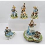 A COLLECTION OF CAPO-DI-MONTE PORCELAIN FIGURINES includes; "The Flower Seller" on gilt scroll and