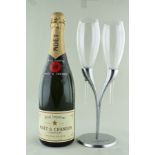 MOET CHAMPAGNE NV, 1 bottle together with two "MOET ET CHANDON" GLASSES on Moet branded twin