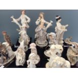 A collection of Capodimonte figurines mounted on wood including woman with dog, baby in pram, man