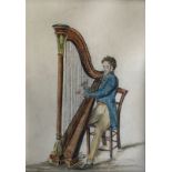 Framed, unsigned, watercolour on paper, possibly a book illustration, Regency gentleman playing