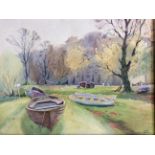 DAVID BYRNE. Unframed, mounted, signed, watercolour on paper, rowing boats in rural field, 36cm x