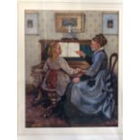 FREDERICK SHAW. Framed, signed, watercolour on paper, young girl and tutor having a piano lesson,