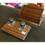 *A 19th Century inkwell stand with two glass inkwells having inlaid geometric design with similar