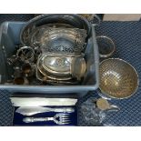 A collection of silver plated items to include a decanter, a Mappin & Webb rose bowl, a vase,