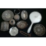 A lot to include a hallmarked silver lidded hair tidy and a jar, two Victorian hallmarked silver