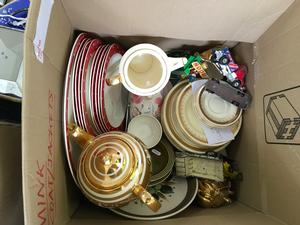 A box containing a part mid winter dinner set, tea pot Susie cooper ware, crown Devon coffee pot and