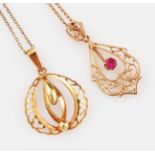 A hallmarked 9ct yellow gold pink sapphire open metal work pendant, the round cut pink sapphire