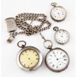 A lot to include a key wind open face pocket watch, stamped 0.800, with attached silver curb link