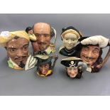 Four large and two small character jugs to include Long John Silver D6386, William Shakespeare D6689