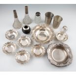 A collection of silverware, to include two silver mounted glass bud vases, a silver mounted wooden