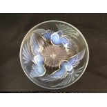 A jobling opalescent glass moulded bowl with bird design.