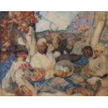 SIR FRANK BRANGWYN Framed, signed with initials, watercolour over pencil on paper, seated figures