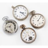 A lot to include a gun metal crown wind open face pocket watch, the white enamel dial having