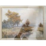 W. KNOX framed, signed, watercolour of woman and sheep near river.
