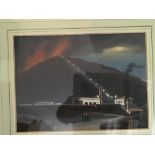 Framed, unsigned, gouache painting of an erupting volcano.