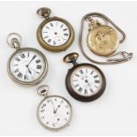 A collection of five various pocket watches, all crown wind, four open face, one full hunter with