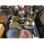 A selection of brass items to include open twist candlestick holders, several lamps etc.