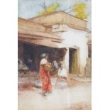 CARLTON ALFRED SMITH, unframed, signed, watercolour of a street market, 38cm x 25.5cm.