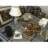 A selection of glassware, silver plated ware, copper and brass items etc.