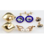 A collection of four pairs of earrings, to include two hallmarked 9ct yellow gold and two unmarked