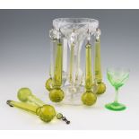 A clear glass luster with five additional uranium droppers and two spare together with a uranium