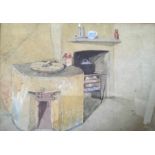 CHARLES WATSON, framed, signed, watercolour of a kitchen, 17.5cm x 24cm.