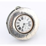 A white metal open face crown wind Goliath pocket watch, the white enamel dial having hourly Roman