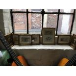 Six framed postcards sent by soldiers during the First World War, together with two framed images of