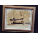 GRAHAM CLARKE, framed, signed, watercolour of boats on beach, 19cm x 24cm.